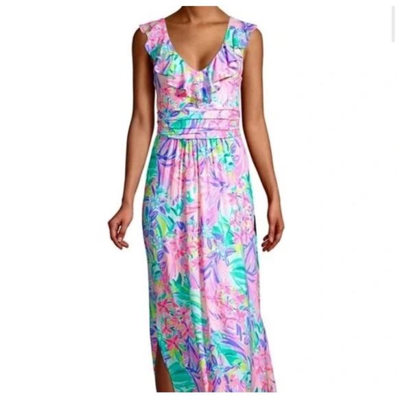 Lilly Pulitzer Mirella Maxi Dress It Was All A Dream Print Ruffle V Neck Large - Picture 2 of 11